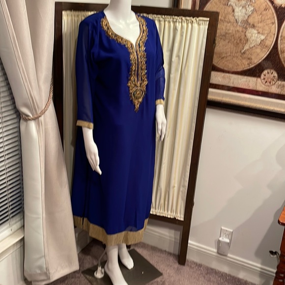 DAMINIS DRESS SIZE 42 ROYAL BLUE GOLD STITCHING & BEADING - Picture 1 of 7